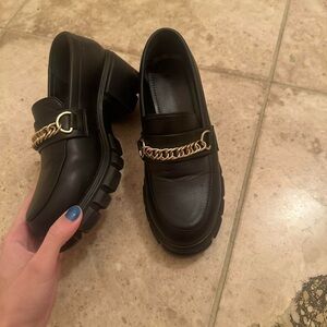 Black Leather Loafers with Gold Chain